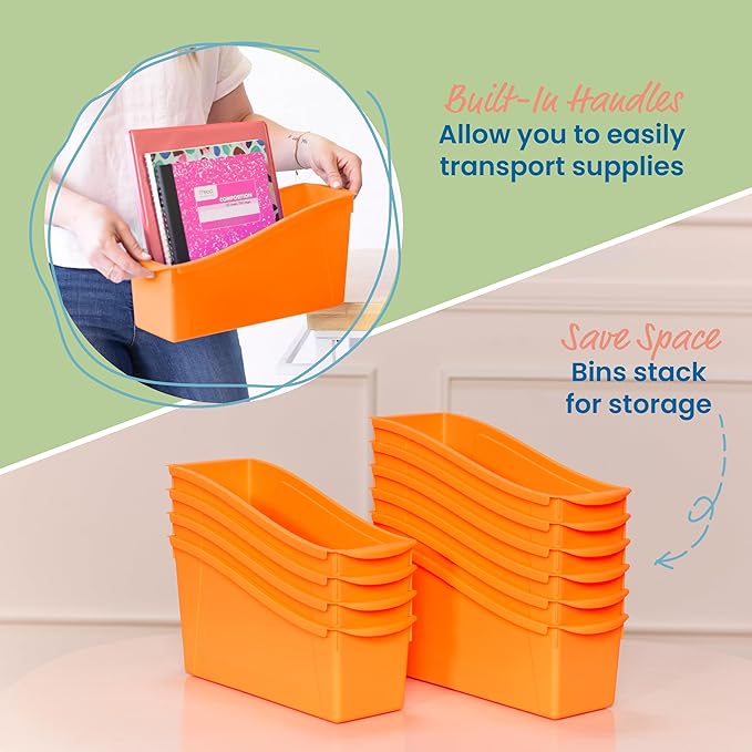 ECR4Kids Linking Plastic Storage Book Bin, Multipurpose Organization, Neon Orange, 10-Piece