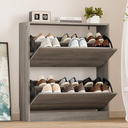BORNOON Shoe Cabinet with 2 Flip Drawers, Slim Narrow Shoe Storage Cabinet, Freestanding Shoe Organizer with Adjustable & Removable Shelves, Top Display Shelf for Entryway, Hallway, Foyer, Closet