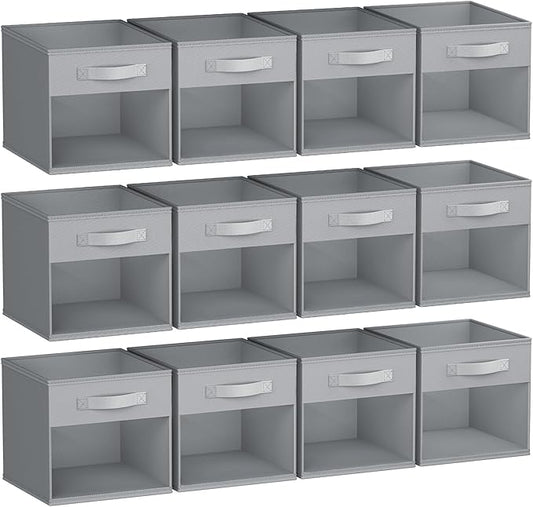 DIMJ Storage Cubes, 12 Pack Cube Storage Bin, Foldable Cube Organizer Storage Bins with Window, Closet Storage Bins with Handle, 11 x 11 inch for Clothes, Toys, Books (Grey)