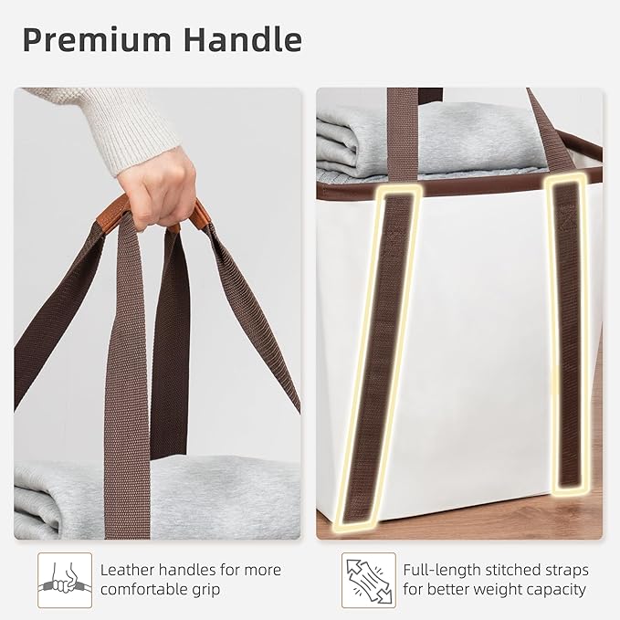 STORAGE MANIAC Collapsible Laundry Caddy, 64L (17 Gal) Large Collapsible Laundry Basket with Sturdy Metal Wire Frame, Long Carry Handles - Space-Saving, Foldable Laundry hamper, 1 Pack Beige