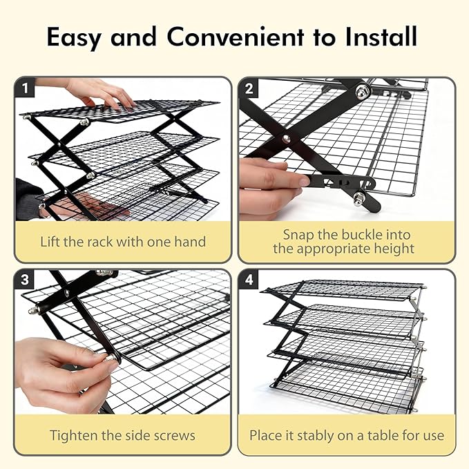 4 Tier Collapsible Cooling Rack - 3 Setting Adjustable & Stackable Stainless Steel Baking Rack, Stackable Cooling Racks for Baking, Cookies, Cakes, Roasting, Grilling, Drying, Space-Saving (Black)