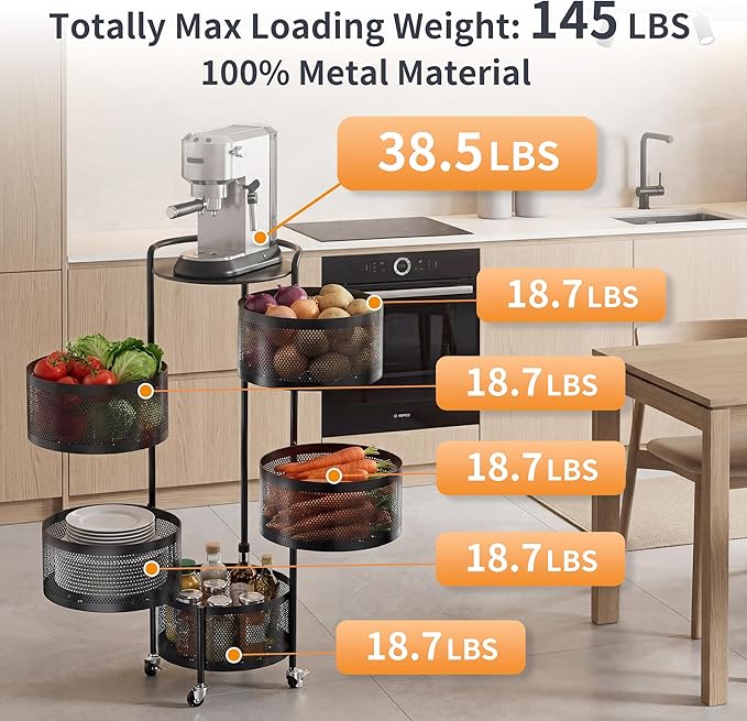 JAQ No Assembly Rotating Storage Cart, 5-Tier Rolling Kitchen Cart with Wheels, Round Large Capacity Fruit Vegetable Storage Rack, Easy Access Onion Potato Organizer, Heavy Duty Metal (Black)