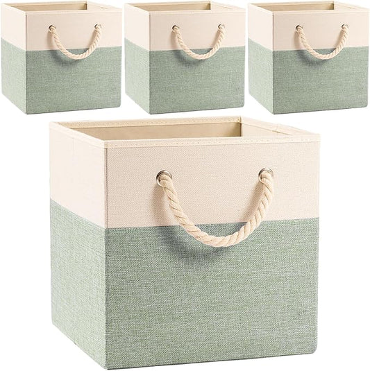 PRANDOM Large Foldable Cube Storage Bins 11x11 inch [4-Pack] Fabric Linen Storage Baskets Cubes Drawer with Cotton Handles Organizer for Shelves Nursery Closet Bedroom Beige/Green