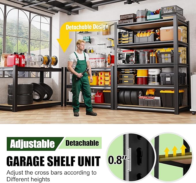 AOARGG 78"H-45.6"W Garage Shelving Heavy Duty Storage Shelves, Metal Adjustable Shelving Unit, Utility Garage Organizer Shelf for Basement, Pantry, Kitchen, Warehouse, 45.6" W x 19.7" D x 78" H, Black
