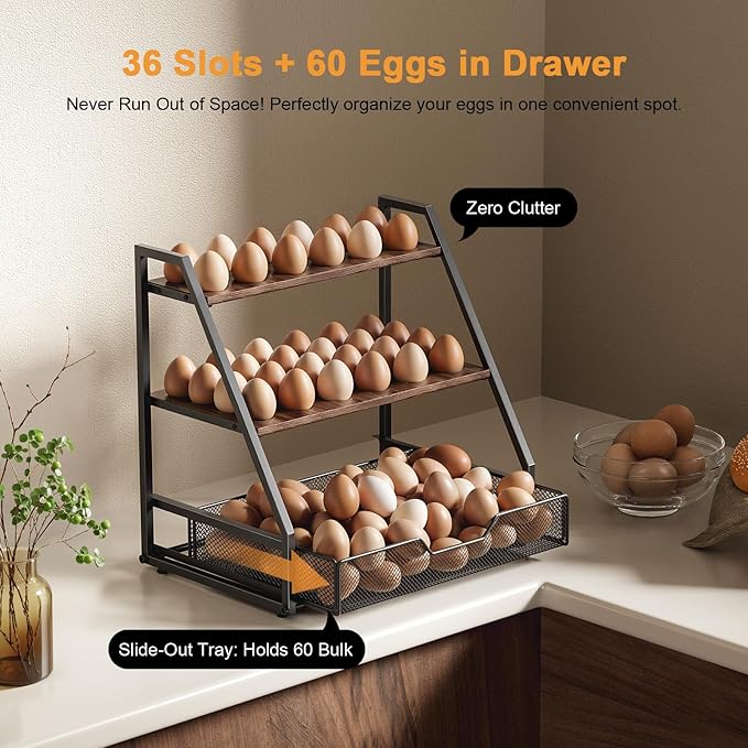 3-Tier Wooden Fresh Egg Holder Countertop With Basket for 36+90 Eggs, Storage for Countertop with Carry Handle for Gathering 150+ Fresh Eggs