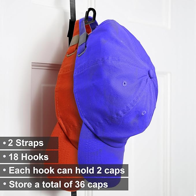Perfect Curve Cap Rack For Closet - Holds 18 to 36 Adjustable Caps - Over-The-Door Hat Rack and Organizer - For Men or Women's Hat Collections - Cap Organizer | 2 Straps | Black