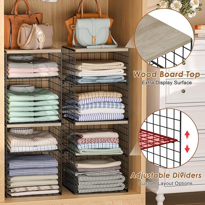 6-Tier Stackable Closet Organizers and Storage Basket, Set of 3 Closet Shelf Organizer with Adjustable Divider & Wood Top Board, Clothes Storage Bins for Wardrobe Organizer System, Space-Saving, Black