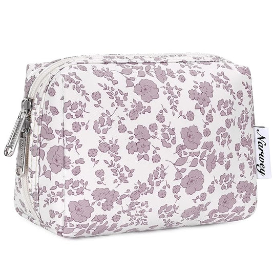 Narwey Small Cute Floral Makeup Bag for Purse Mini Cosmetic Bag Travel Makeup Pouch Zipper Pouch Cute Make up Bags with Compartments for Women Girls (Dusty Pink Flower, Small)