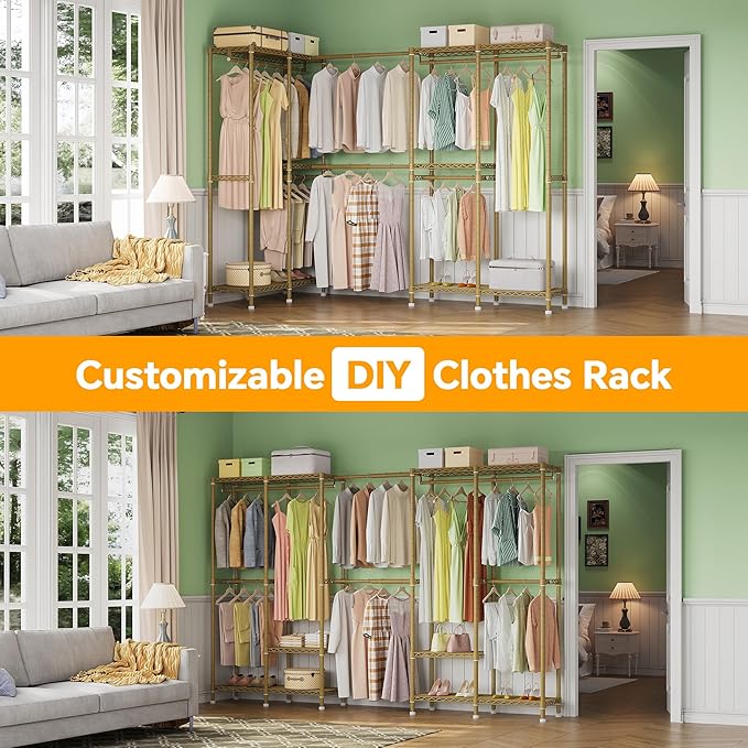 Higeego H5 Pro Heavy Duty Clothes Rack Wardrobe Closet for Hanging Clothes, Freestanding Garment Rack with Expandable Hanger Rods, Closet Organizer and Storage, (97.7-115.4")L x 15.7"W x 75.4"H, Gold
