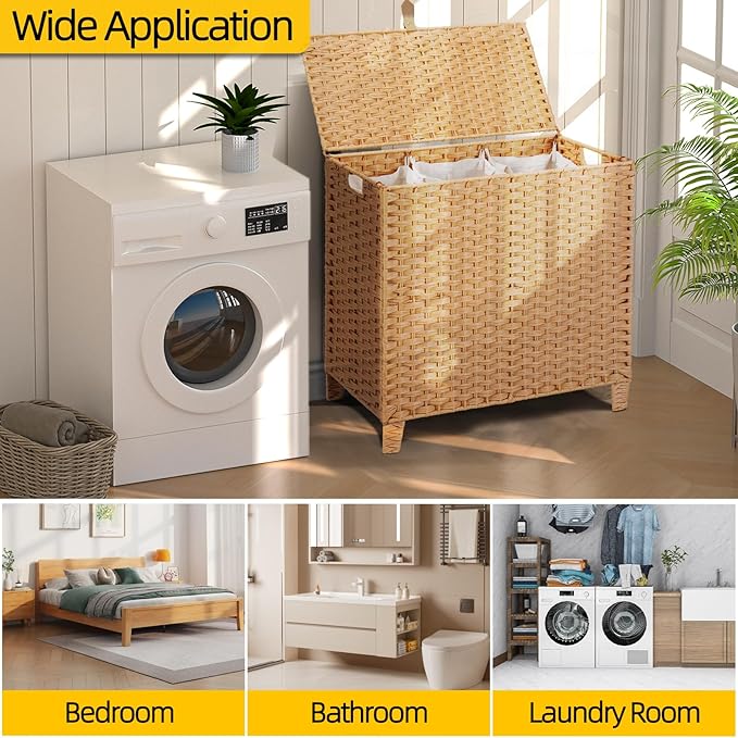180 L Wicker Laundry Hamper with Lid 3 Section, Extra Large HandWoven Synthetic Rattan Wicker Laundry Basket with Removable Liner Bags for Bedroom Bathroom, Dirty Clothes Hampers Woven Foldable