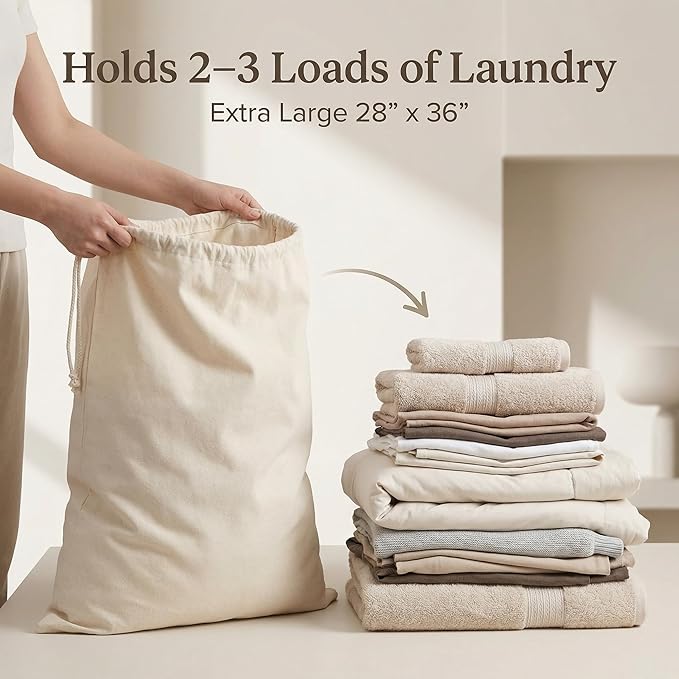 Urban Villa Laundry Bags 2-Pack 28”x36" Extra-Large Cotton Canvas Heavy Duty Washable Durable Travel Laundry Sacks with Drawstring Closure Reusable Hamper Liners for Dirty Clothes Delicates & Lingerie