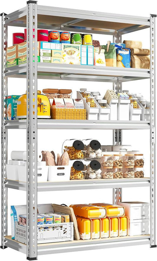 REIBII Storage Shelves, 5 Tier Adjustable Metal Garage Shelving, Storage Rack for Kitchen Storage, Basement, Garage, Pantry, Closet, Shop, Galvanized, 12" D x 28" W x 59.8" H，2020 lbs Total Capacity