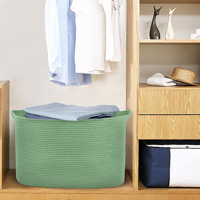 MEGASKET Large Green Baskets for Organizing, 23.6" x 17" x 12" Rectangle Blanket Holder Organizer, Kids Toy Storage Bins, Woven Rope Storage Basket, Green Home Decor Basket, Baby Nursery Storage