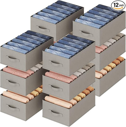 Lifewit Wardrobe Clothes Organizer 12 Pack, Large Size 6 Grids Closet Jean Storage Bins with Handles and Support Boards, Foldable Drawer Dividers for Sweater, Pants, T-Shirt, Hoodie, Dress, Grey