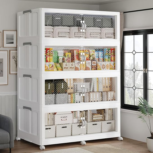 240GAL Plastic Storage Bins with Lid, 960QT Extra Large Stackable Closet Organizers and Storage, Collapsible Storage Boxes with Wheels, Folding Cabinet for Home Kitchen Office, 4Pack White