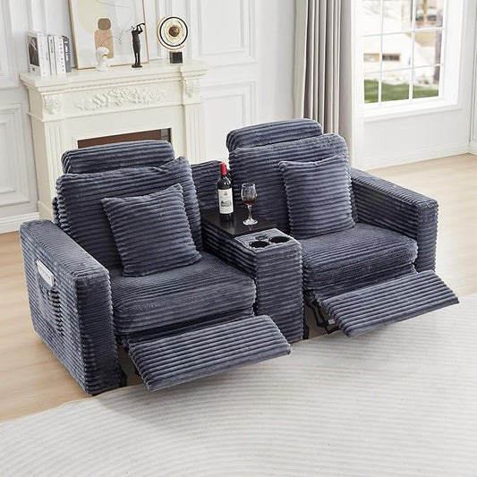 LEVNARY 2-Seater Modular Reclining Sofa with Center Console, Faux Rabbit Fur Power Recliner Loveseat with Cup Holders, USB Charging, Side Pockets & 2 Pillows, Living Room Furniture (Gray)