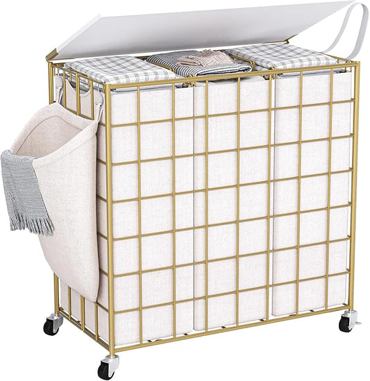 Laundry Basket with Wheels, Heavy Duty Laundry Sorter 3 Sections, 140L (37Gal.) Large Capacity Laundry Hamper with Wood Lid, 360 Rolling Wheels, Extra Side Pocket, Leather Pull Handle, Golden