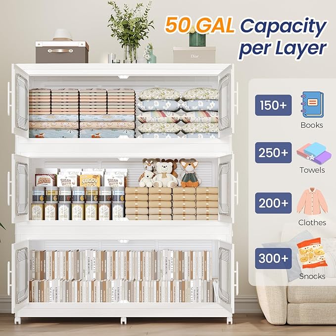 250Gal Extra Large Stackable Storage Bins with Lid & Wheels & Doors, 200QT/50GAL 5-Tiers Collapsible Closet Organizers Plastic Containers Drawers Boxes for Home Kitchen Bedroom, White