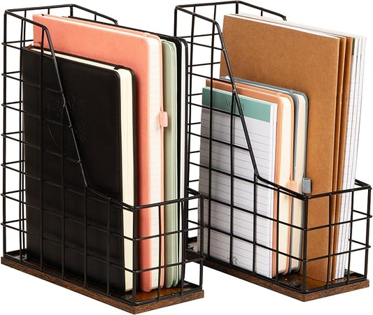 Mind Reader Vertical File Organizer with Wood Base and Black Metal Frame, Desktop Magazine Holder, Modern File Rack, Metal and Wood, Black