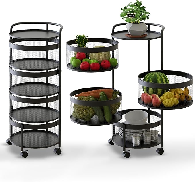 Rotating Kitchen Storage Rack No Assembly, 4-Tier Round Metal Storage Basket Shelves,Rotating Tower Organizer with Rolling Wheels with 4 Drawers for Fruit Vegetable Grocery(4-Tier, Black)