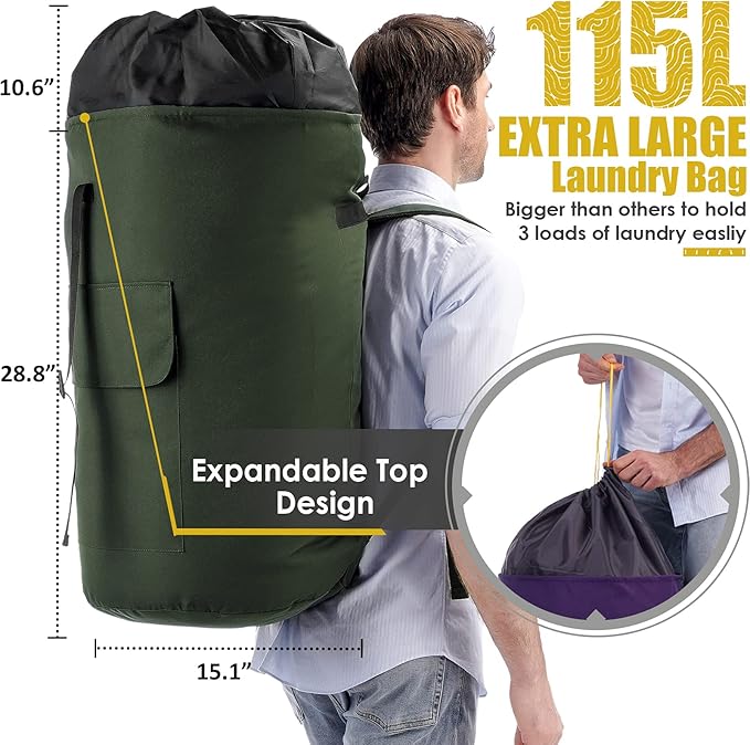Backpack Laundry Bag, 115L Heavy Duty Extra Large College Laundry Backpack, Dirty Clothes Bag with Shoulder Straps, Laundry Hamper Bag with Drawstring Closure for College Dorm, Apartment Army Green