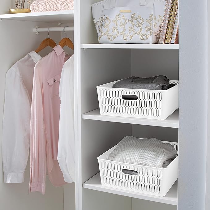 Simplify 2Pk Shallow Slide 2 Stack It Tote Basket | Storage & Organization | Open Bins with Stackable Capability | Bathroom | Crafts | Pantry | Playroom | Office | White