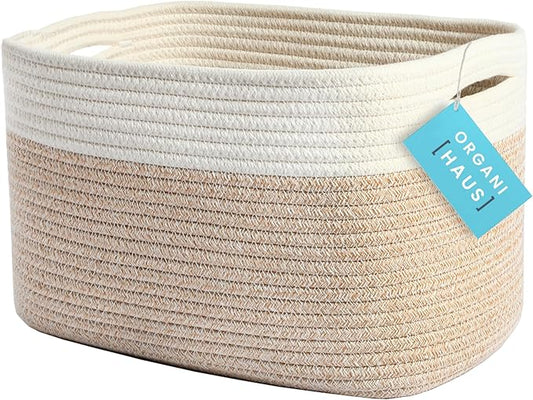 OrganiHaus Cotton Rope Basket for Shelf - Woven Storage Basket for Organizing, Closet & Toy Storage - Light Honey/Off-White - 15x9x10