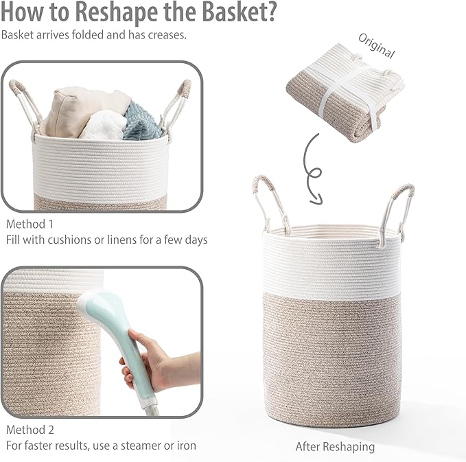 Laundry Basket – Laundry Hamper for Clothes, Blankets, Yoga Mat – Woven Cotton Rope Basket for Living Room, Nursery Room – Boho Style –15”D x 18”H – White & Beige Brown