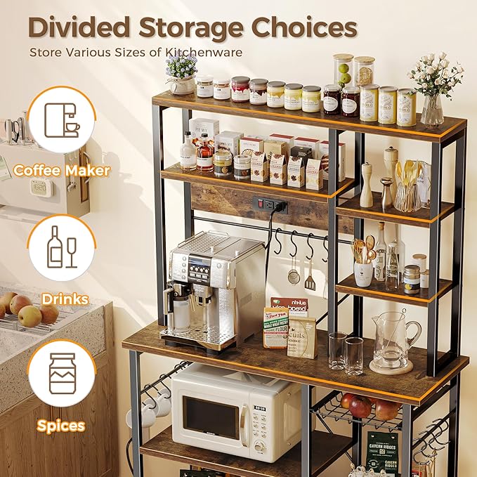 SUPERJARE Large Bakers Rack with Power Outlets, 6-Tier Microwave Stand, Coffee Bar with 12 S-Shaped Hooks, Kitchen Shelf with Wire Basket, 39.4 x 14.6 x 66.9 Inches, Rustic Brown