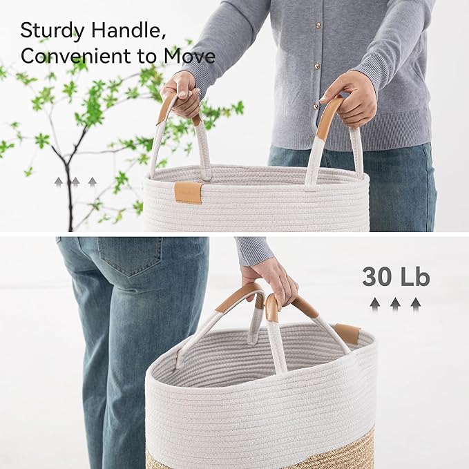 Nunsino 75L Striped Laundry Hamper with Leather Handles,Large Foldable Laundry Basket for Clothes,Cotton Rope Storage Bin for Blankets,Woven Clothes Basket for Bedroom,Beige Stripes