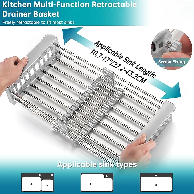 TUTEW Dish Drying Rack, Over The Sink Dish Drying Rack, Stainless Steel Dish Drainer with Adjustable Arms Holder Functional Kitchen Sink Organizer for Vegetable and Fruit