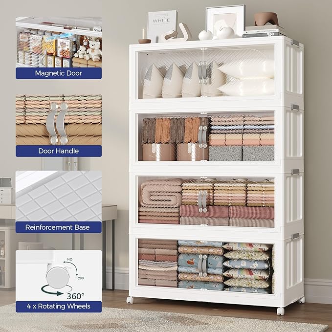 200Gal/800QT 5-Tiers Extra Large Stackable Storage Bins with Lid, Collapsible Cabinet Closet Organizer Plastic Container Box with Wheels Doors Drawers for Office Dorm Kitchen, White