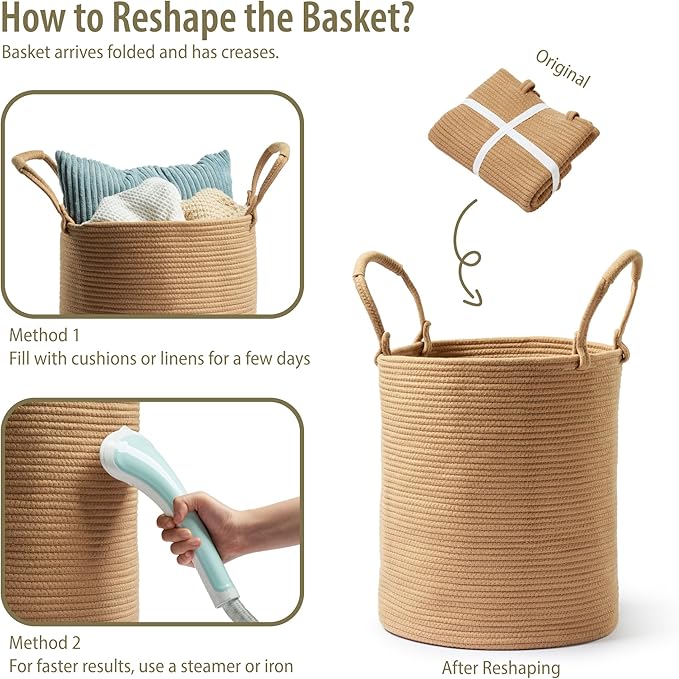 Laundry Basket – Laundry Hamper for Clothes, Blankets, Yoga Mat – Woven Cotton Rope Basket for Living Room, Nursery Room – Boho Style – 16”D x 22”H – Khaki