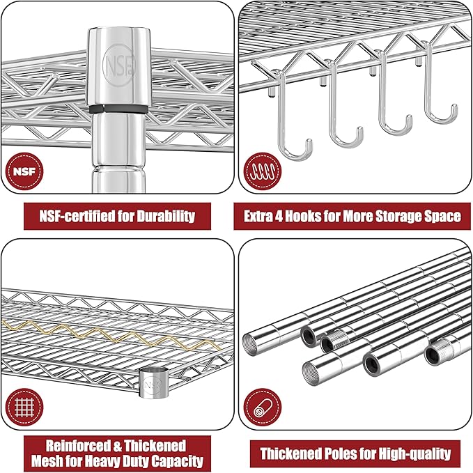 PrimeZone 5 Tier 48" Wx24''Dx81''H Wire Shelving with Wheels 3000lbs NSF Certified Storage Shelves Heavy Duty Metal Shelf Adjustable Rolling Rack Commercial Garage Restaurant Warehouse Chrome 2Pack