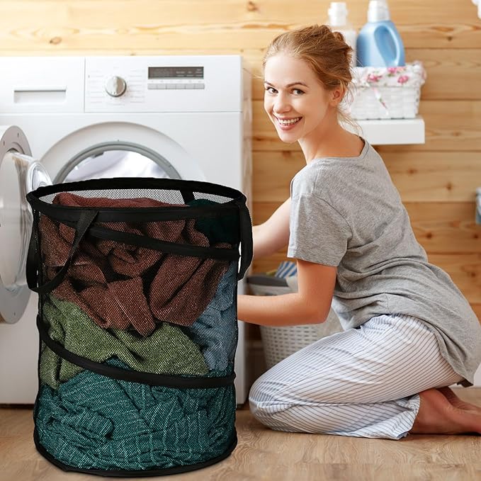 BATTOO Mesh Collapsible Laundry Baskets, Foldable Pop Up Laundry Hamper, Large Laundry Basket Hamper for Laundry, Bathroom, Kids Room, College Dorm, Travel, Camping Black