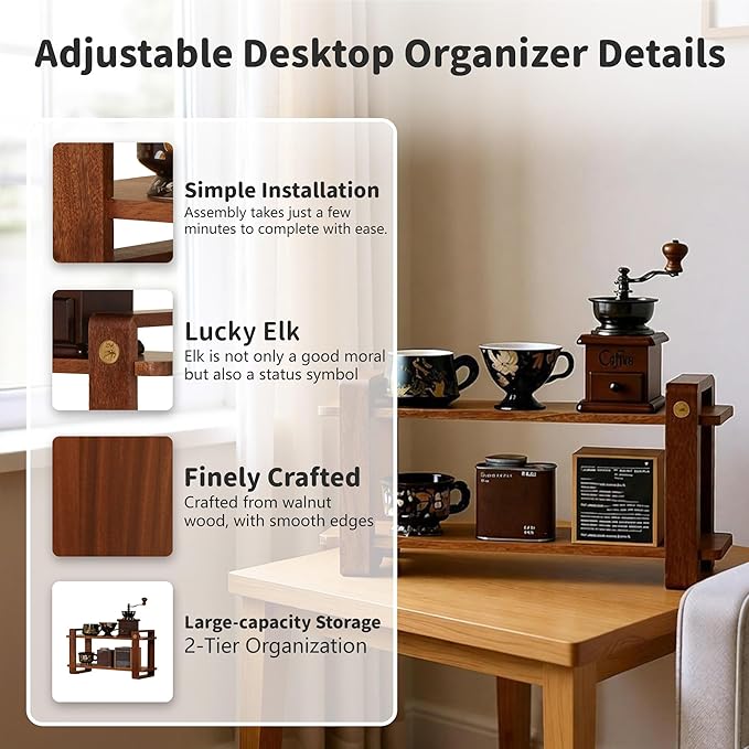 Coffee Station Organizer for Kitchen Countertop Mug Holder 2 Tier Wooden Cup Organizer Stand Shelf