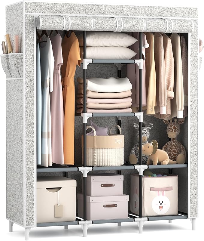 VTRIN Portable Closet Wardrobe for Hanging Clothes with 2 Hanging Rods and 8 Storage Organizer Shelves,Free Standing Clothes Rack with Cover Sturdy Large Wardrobe Closet for Bedroom,Printing