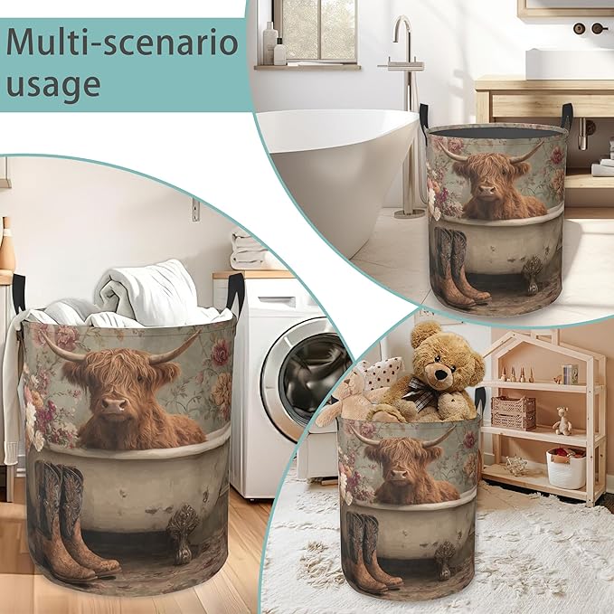 Vintage Highland Cow Floral Round Laundry Hamper Storage Basket Toys Clothes Organizer Bin For Home Bathroom Bedroom Dorm Nursery