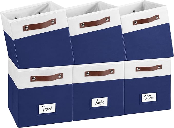 FinishingBo 6-Pack Storage Cubes with Handles & Label Holders Basket, Closet Cube Home Organizer Bins(White/Blue, 10.5 * 10.5 * 11 inch)