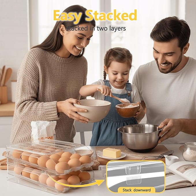 SMRCAD Egg Holder for Fridge, Automatic Steady Rolling Egg Container with Soft Bumpers & Handle for Refrigerator, Stackable Fridge Organizers and Storage with Lid