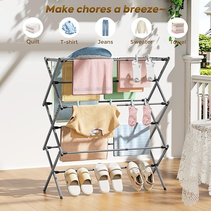 KINGBOARD Clothes Drying Rack, Collapsible Drying Rack Clothing with 11 Poles, 3-Tier Laundry Drying Rack, Small Clothes Drying Rack Foldable for Baby Clothes Sock Towel, 25lb Capacity, Grey
