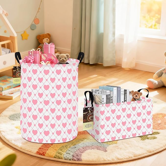 HUNRUNG Collapsible Fabric Storage Basket, Waterproof Laundry Hamper with Handles, Round Storage Bin for Clothes Toys, Foldable Organizer for Bedroom Nursery Bathroom(Round-Heart)