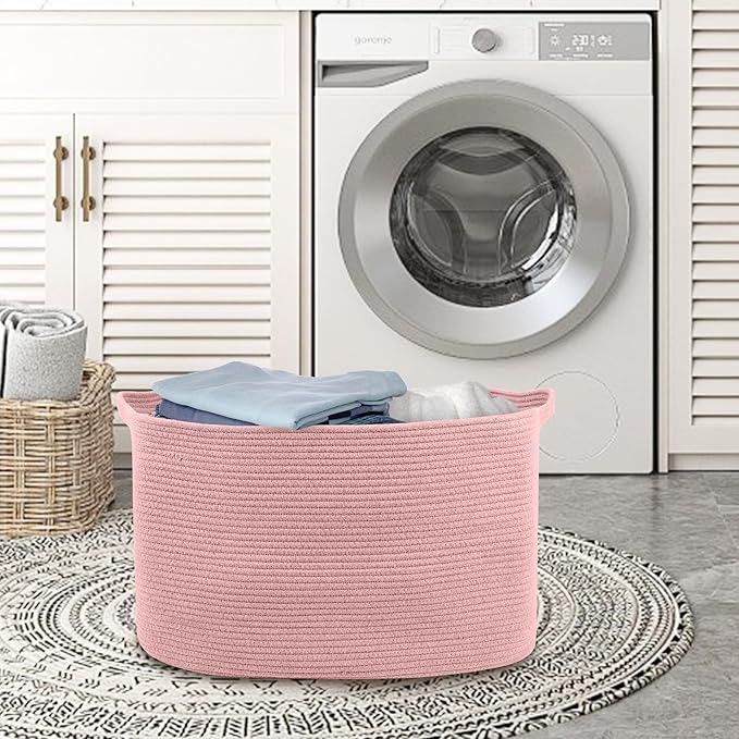 MEGASKET Extra Large Pink Storage Basket, 23.6" x 17" x 12" Rectangle Blanket Basket Living Room, Woven Cotton Rope Basket, Toy Basket Bins, Pink Baskets for Decor, Wicker Baby Laundry Basket