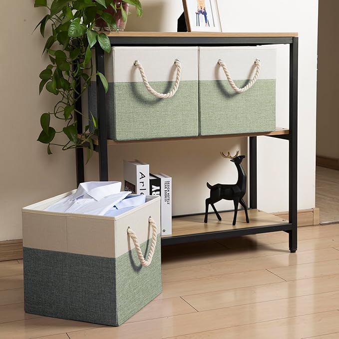 PRANDOM Large Foldable Cube Storage Bins 13x13 inch [2-Pack] Fabric Linen Storage Baskets Cubes Drawer with Cotton Handles Organizer for Shelves Nursery Closet Bedroom Beige/Green