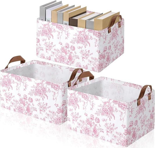 Boao 3 Pcs Pink Floral Foldable Storage Baskets Pink Hydrangea Laundry Basket with Handles Waterproof Storage Bins Fabric Shelf Baskets for Organizing Closet Clothes