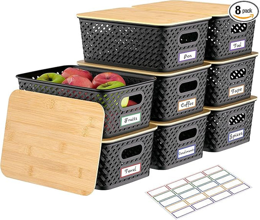 Anysig 8 Packs Plastic Storage Bins with Bamboo Lids - Stackable Storage Bins Decorative Small Basket Containers for Organizing Shelves Office Classroom Desktop Closet, Black