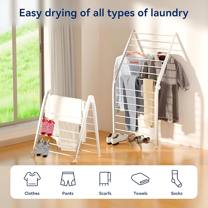 Whitmor Spacemaker Folding Drying Rack, Indoor Clothes Organizer with Patent-Pending Design, Space Saving, 6" L x 26" W x 51.5" H,White Deluxe