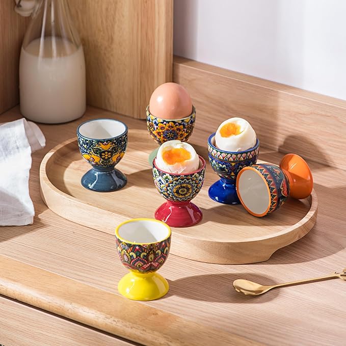 Henten Home Ceramic Egg Cup Set, Colorful Egg Cup Set of 6, Boho Style Egg Holder for Soft Boiled Eggs, Breakfast, Easter, Dishwasher & Microwave Safe