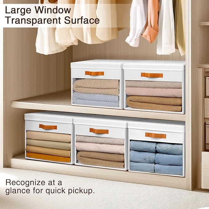 Homsorout Large Storage Bins with Lids - 3 Pack Foldable Decorative Organizers with Clear Windows & Handles, Cube Storage Organizers for Clothes, Blankets, Sweaters, Sheets, White