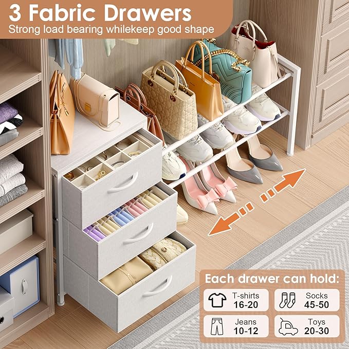 Cidaziya Expandable Closet Organizers and Storage, White Fabric Storage Dresser, 3 Drawer Dresser, Clothes Shelves for Kids, Purse Organizer Small Shoe Rack for Closet Bedroom
